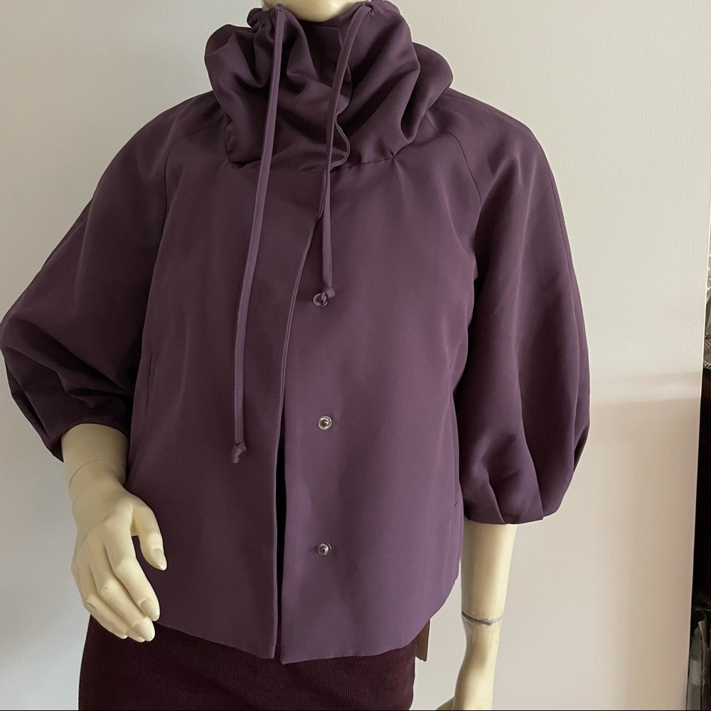 Purple oversized collar cropped jacket with snap buttons and pockets